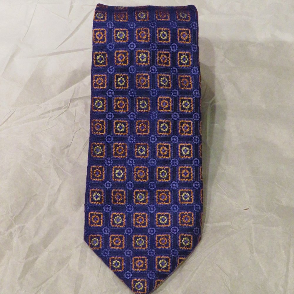 Canali Blue Orange Geometric Foulard Silk Tie